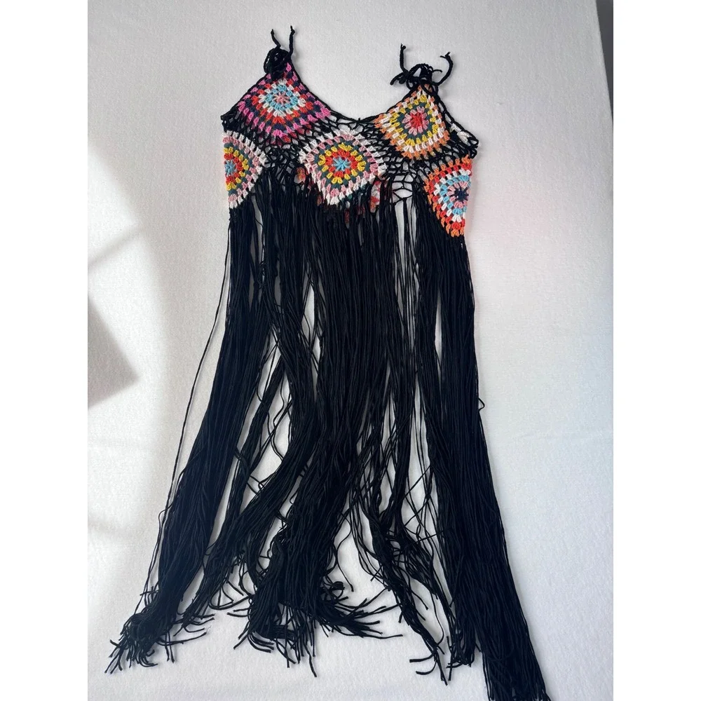Shein Curve Crochet Granny Square Fringe‎ Top Multi-Color Boho Festival 1XL